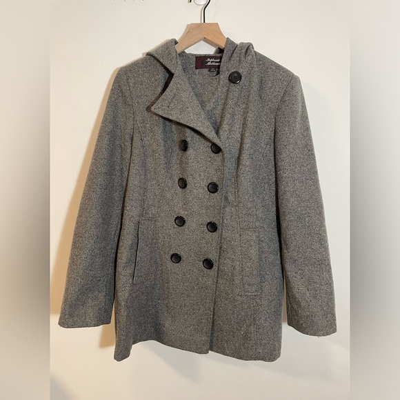 Stephanie Mathews Pea Coat Medium Gray Wool Blend Double Breasted With Hood - Picture 2 of 14